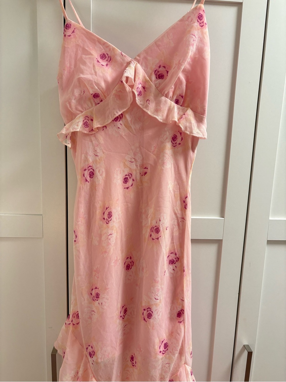 Pink Floral Slip Dress with Ruffle Trim